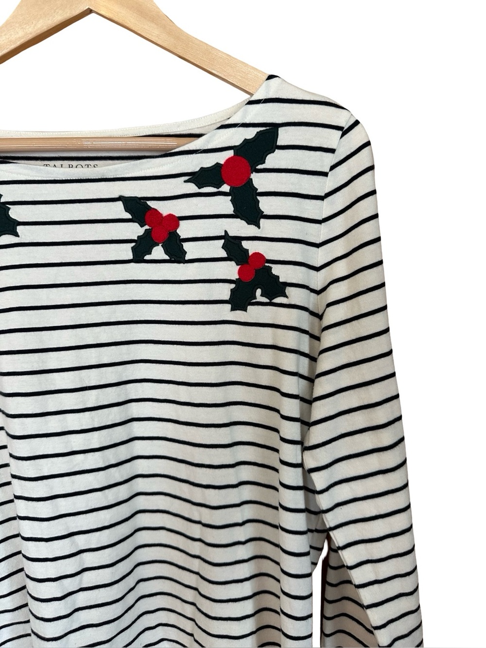 Talbots Holly Berry Holiday Striped Cotton Tee Sz M - Picture 5 of 5